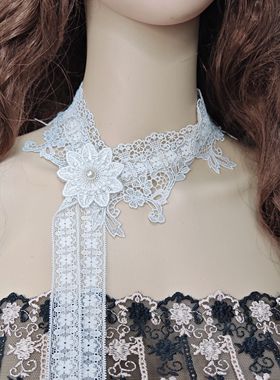 新款欧美风假领子渐变水蓝色别针系带不规则多层穿带蕾丝超仙颈带