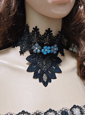 2025新款蕾丝花朵颈带颈圈黑色蓝色花朵颈带链女加宽加大