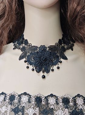 2025新款蕾丝领子精致颈带锁骨遮盖脖带暗扣颈链黑色珍珠项链