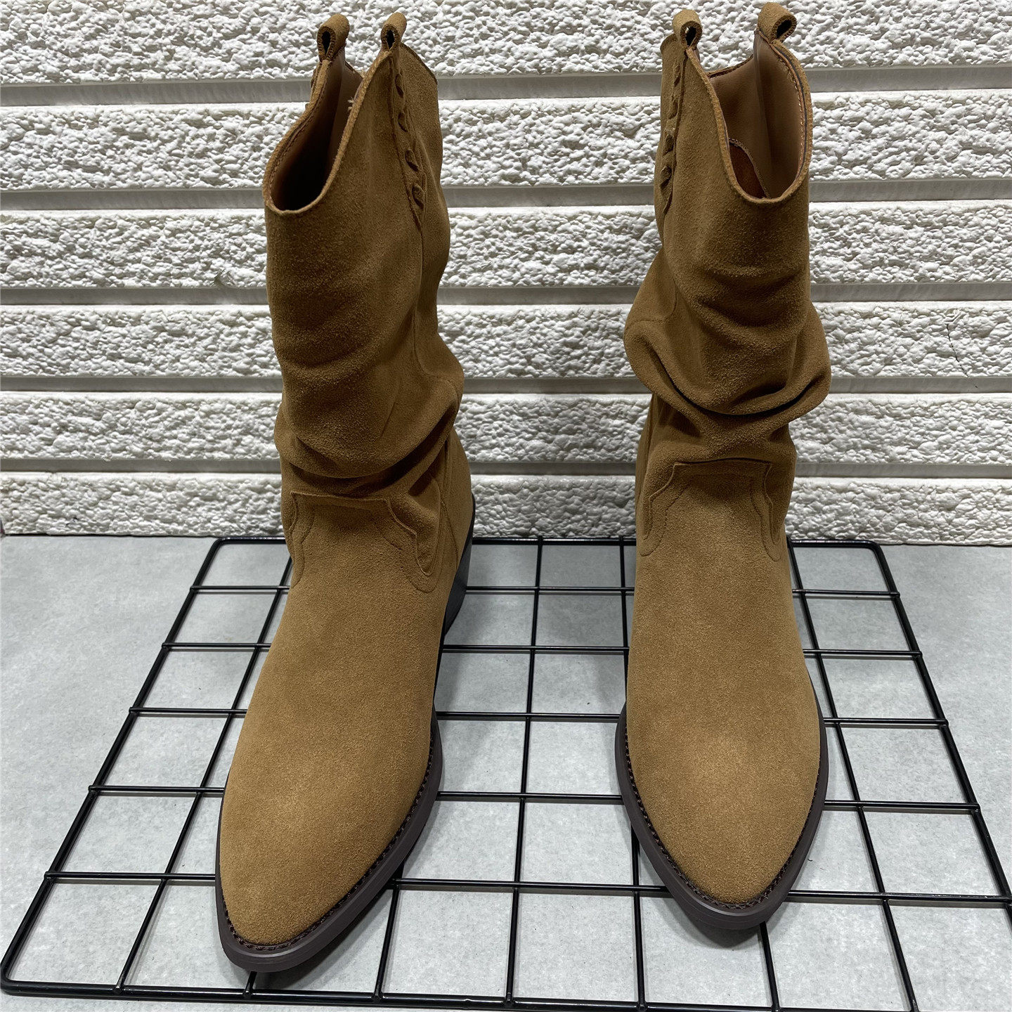 断码处理2025新款真皮复古堆堆靴西部靴时尚粗跟尖头中筒靴女靴子,淘宝优惠券,粉丝福利购,淘宝优惠卷