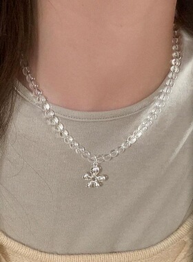 简约高级感透明玻璃串珠花朵项链女小众设计个性简约颈链锁骨链