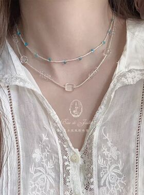 夏日微风波尔多蓝天然白水晶手工串珠项链女小众百搭流苏锁骨链女