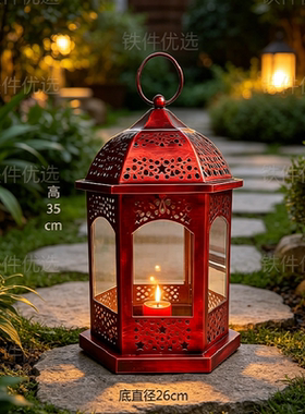 六角雕花铁艺宫灯风灯，星形镂空灯笼手提灯笼全铁防风酥油灯室外