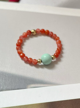 天然红玛瑙绿松石戒指女叠戴风极细小众独特串珠指环全码可订做