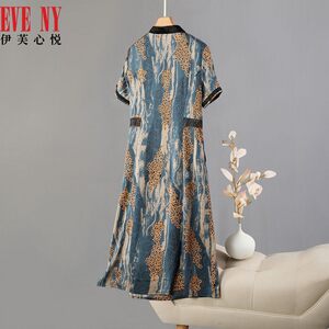 EVENY伊芙心悦夏季新款花卉印花翻领中长款短袖连衣裙女