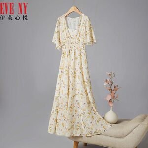 EVENY伊芙心悦夏季新款收腰显瘦碎花连衣裙中长款雪纺裙子