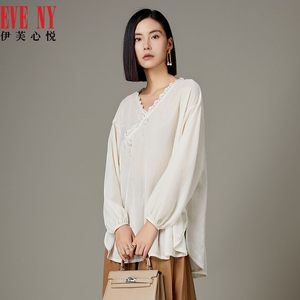 EVE‘NY/伊芙心悦秋季新款国风盘口宽松衬衫女上衣蕾丝丝绒小衫女