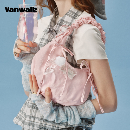 VANWALK happy band新款少女芭蕾风手提单肩包蕾丝蝴蝶结腋下包包 - 图0
