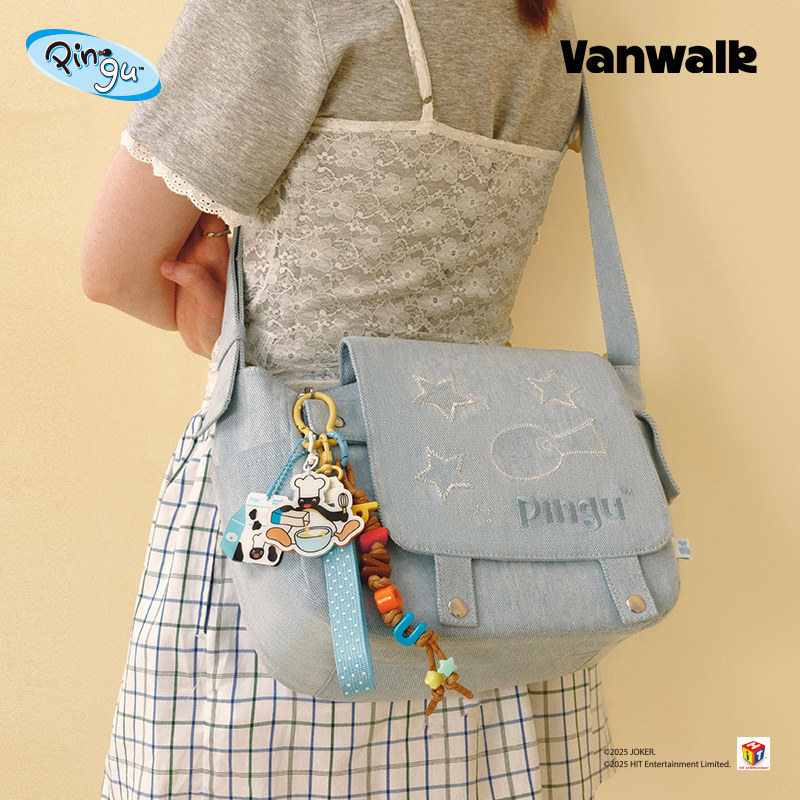 VANWALK Pingu企鹅大容量通勤黑色牛仔单肩斜挎包女百搭邮差包ins,淘宝优惠券,粉丝福利购,淘宝优惠卷