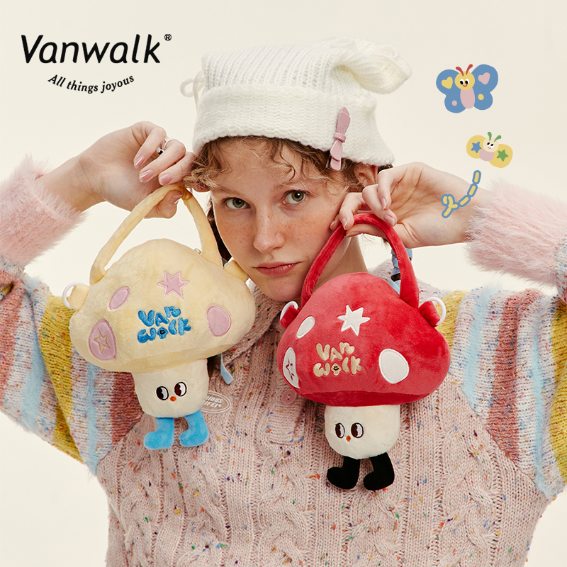VANWALK小花园系列自制可爱搞怪蘑菇手提单肩包女玩偶公仔斜挎包-图2