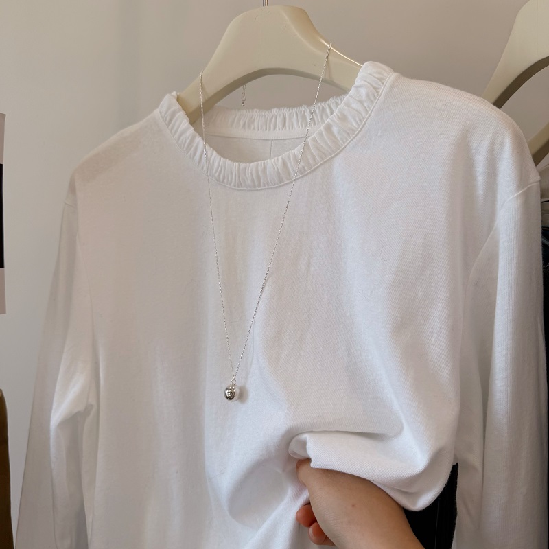 韩国one 领口小特色 舒适好穿圆领套头后贝壳扣长袖叠搭打底T恤女 - 图2