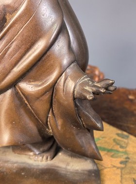 日本铜器持扇弥勒雕塑铜造像布袋和尚立像摆件佛像收藏品带款