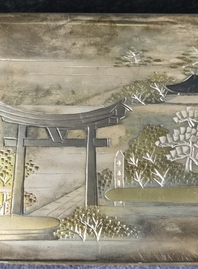 日本纯银手刻风景图烟盒印章盒茶桌收纳盒手工复古轻奢家居摆件