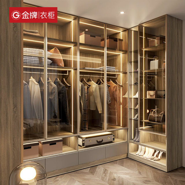 Gold Medal Wardrobe Glass Door Light Luxury Cloakroom Furniture Whole House Customized Home Bedroom Integrated Cabinet