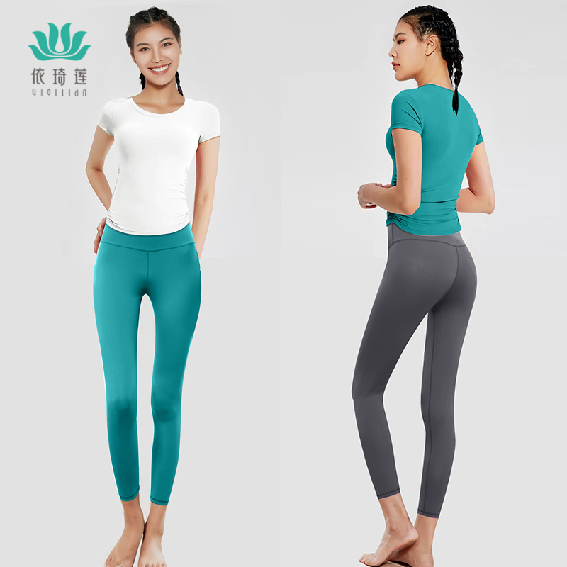 依琦莲瑜伽服套装短袖圆领健身服跑步服褶皱显瘦修身高弹运动套装