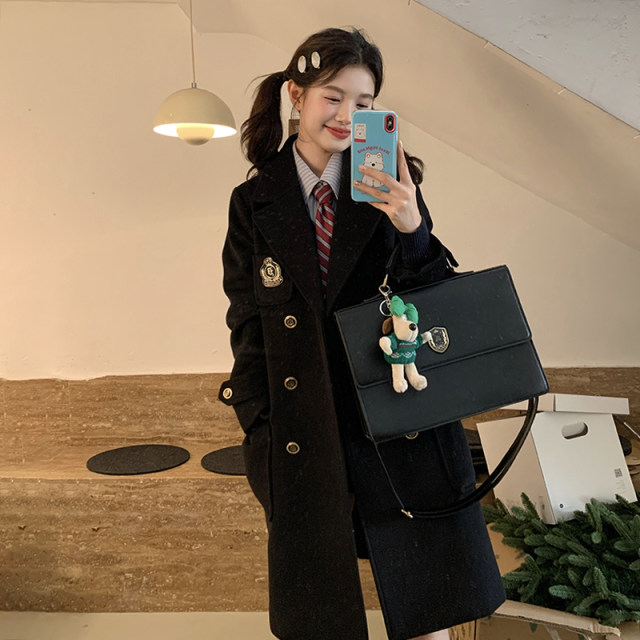 东京岁时记JK制服秋冬新款外套双排扣大衣黑色长款宽松呢子大衣女