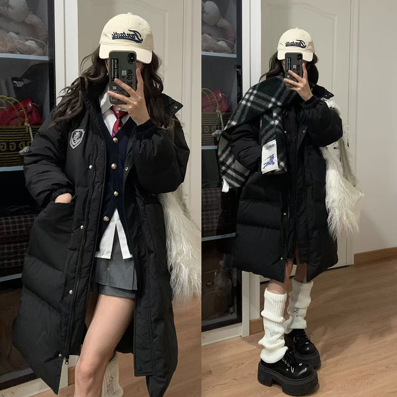 藤野高羽绒服女中长款学院风连帽黑色小个子保暖外套东京岁时记JK - 图0