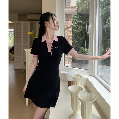 东京岁时记jk小个子显高连衣裙收腰修身显瘦撞色连衣裙女荔枝沙冰 - 图1
