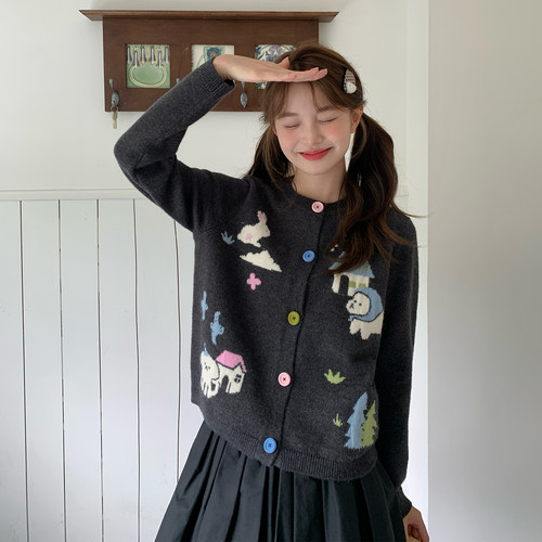 东京岁时记jk秋冬新款针织小狗开衫灰色毛衣小个子多色纽扣外套女 - 图2