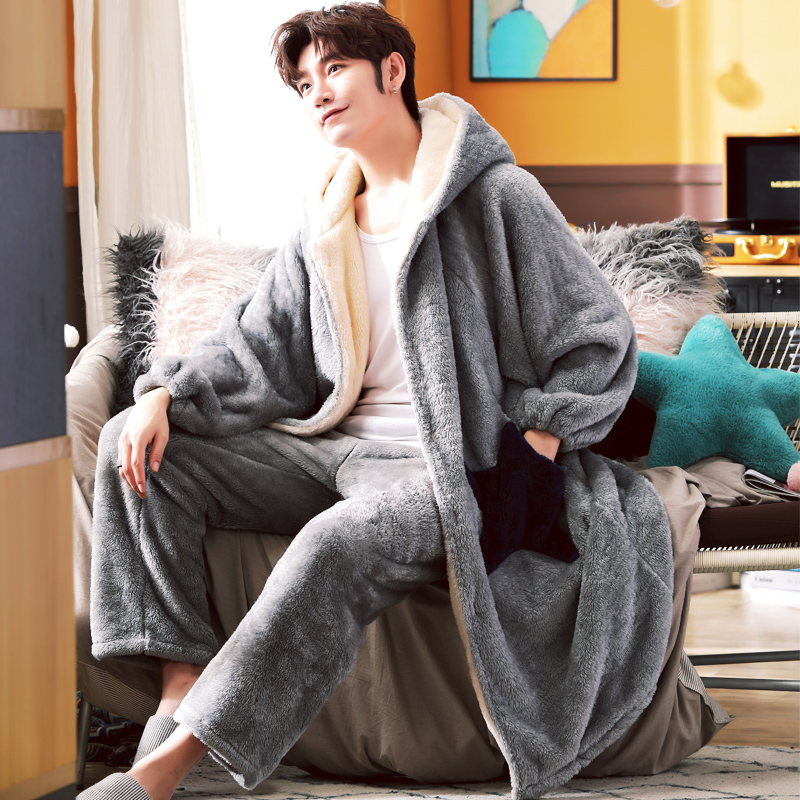 樱丝芳旗舰店男士睡衣秋冬季加厚珊瑚绒保暖法兰绒浴袍长款睡袍冬天家居服套装0