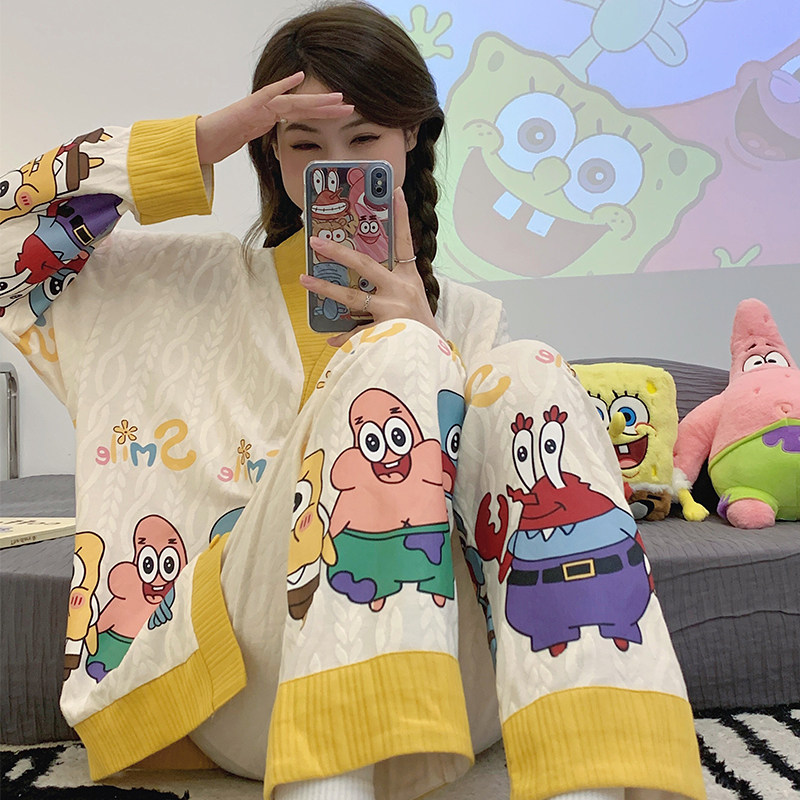 海绵宝宝睡衣女春秋季长袖纯棉薄甜美日系学生网红风可爱家居服套