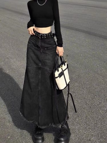 复古毛边A字鱼尾牛仔长裙女2025夏季新款大码高腰宽松显瘦半身裙 - 图0