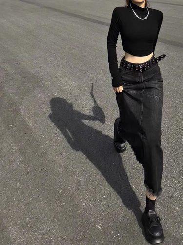 复古毛边A字鱼尾牛仔长裙女2025夏季新款大码高腰宽松显瘦半身裙 - 图2