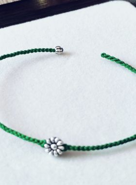 绳话手作纯手工编织手绳脚链纯银配饰小花绿色手绳