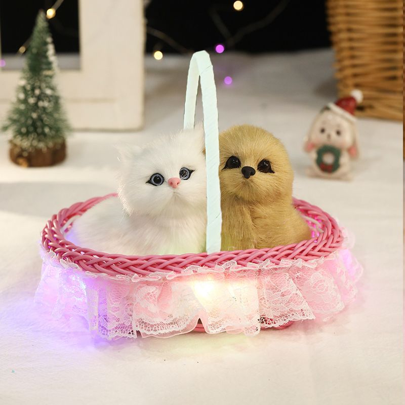 两只小猫咪会叫发光花篮仿真动物摆件皮毛狗狗兔子玩具迷你母子猫