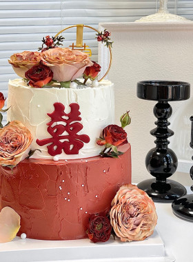 先卓仿真双层玫瑰花卉结婚订婚简约网红加高生日蛋糕模型样品定制
