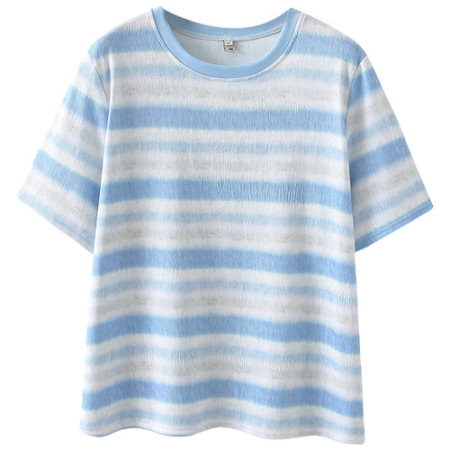 扎染彩条短袖T恤女2025夏季新款大码女装宽松洋气胖MM毛巾棉上衣 - 图3