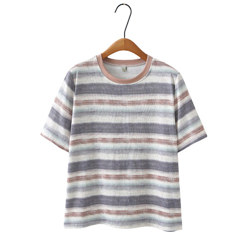 扎染彩条短袖T恤女2025夏季新款大码女装宽松洋气胖MM毛巾棉上衣 - 图2