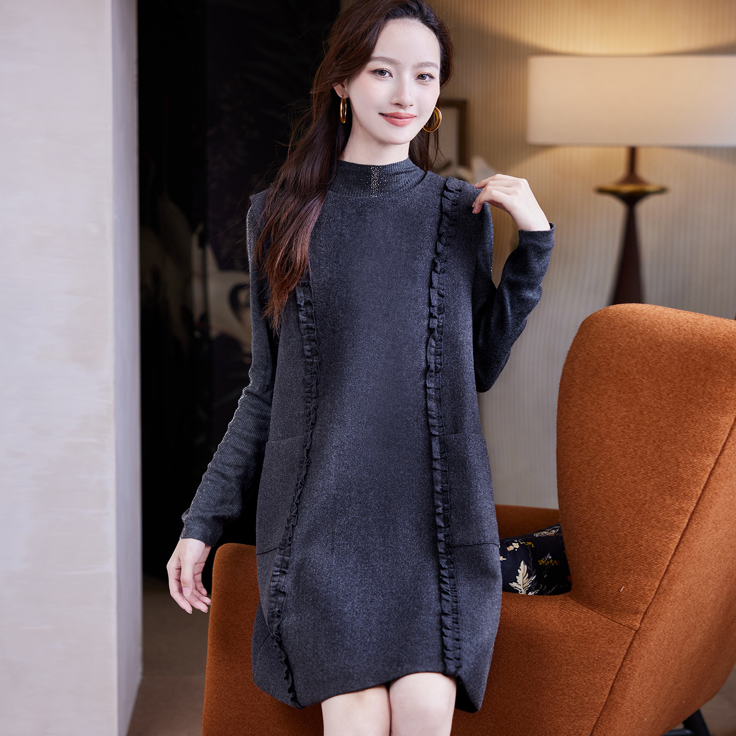 宝诗黎圆领木耳边背心连衣裙2025冬季简约老钱风气质宽松休闲裙