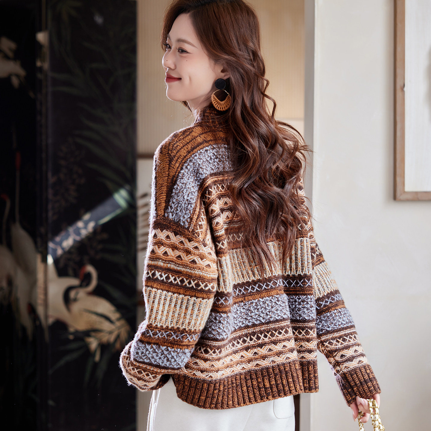 宝诗黎圆领条纹绵羊毛毛衣2026春季宽松慵懒百搭休闲复古针织衫女,淘宝优惠券,粉丝福利购,淘宝优惠卷