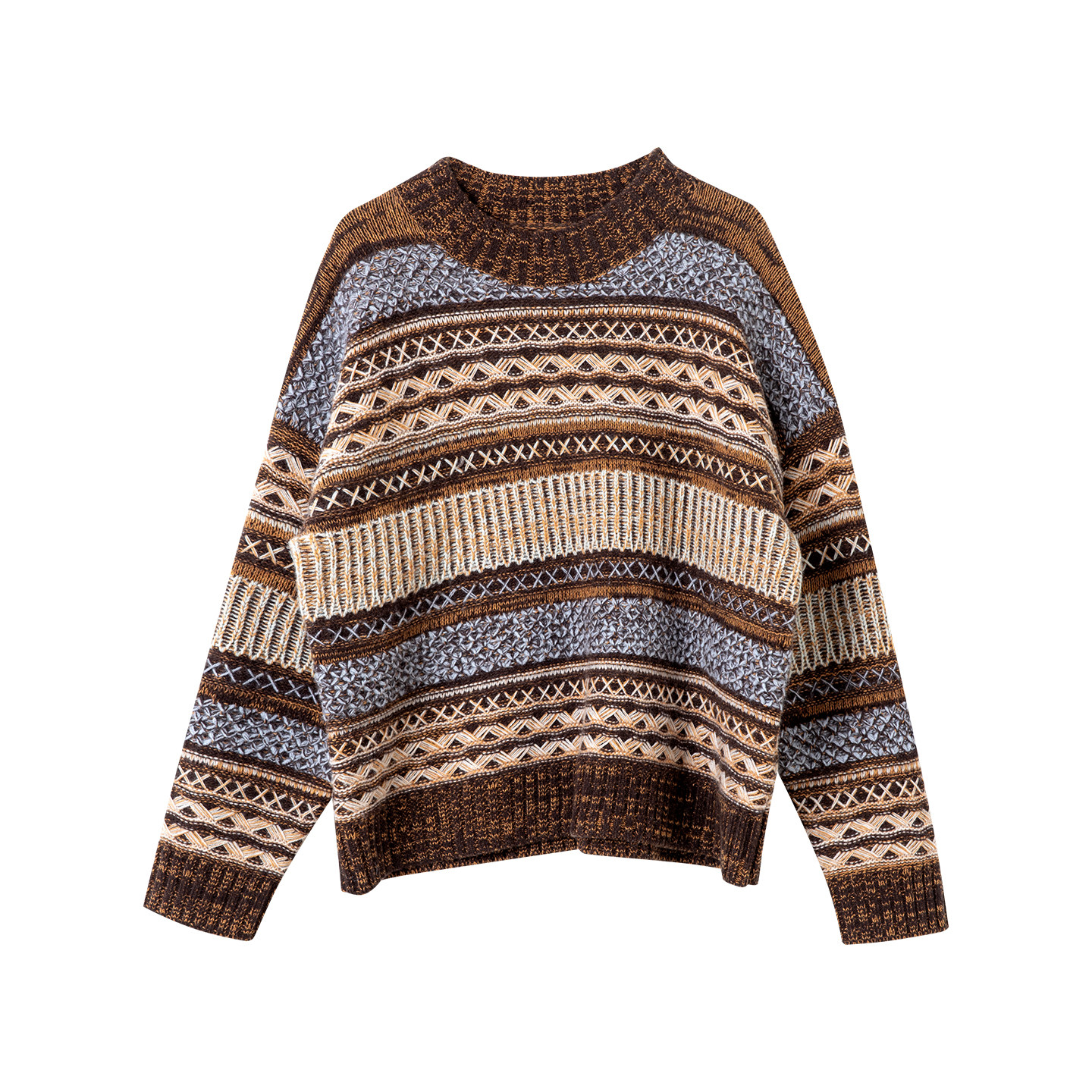 宝诗黎圆领条纹绵羊毛毛衣2026春季宽松慵懒百搭休闲复古针织衫女,淘宝优惠券,粉丝福利购,淘宝优惠卷