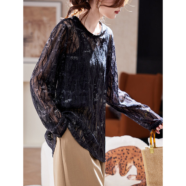 Boucherie round neck bright silk hollow lace shirt