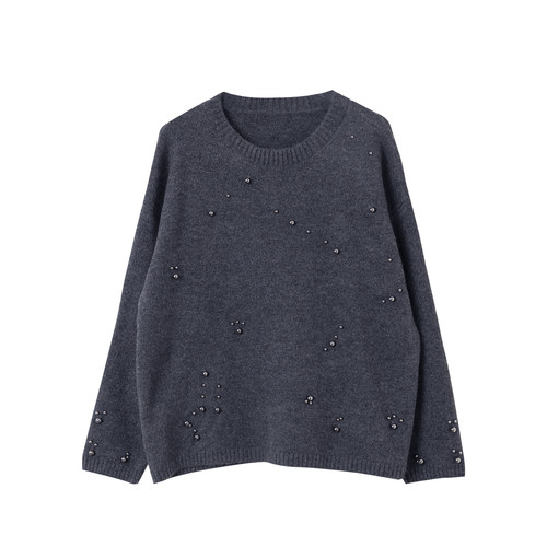 宝诗黎圆领钉珠慵懒毛衣女2026早春简约纯色休闲百搭宽松针织上衣 - 图3