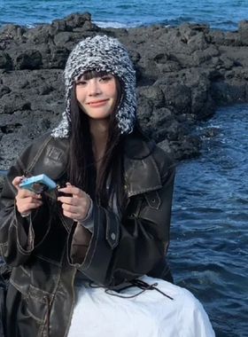 火山灰韩系手工针织雷锋帽女冬季护耳保暖小众个性时髦复古飞行帽