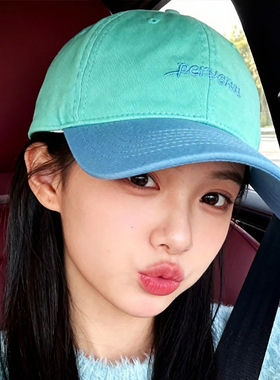 显白湖蓝色休闲百搭鸭舌帽女春夏遮阳显脸小拼色刺绣软顶棒球帽潮