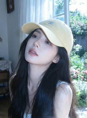 韩范小清新简约奶黄色刺绣鸭舌帽男女同款百搭显脸小防晒棒球帽潮