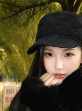 秋日复古麂皮绒黑色贝雷帽女氛围感拍照显脸小百搭气质优雅画家帽