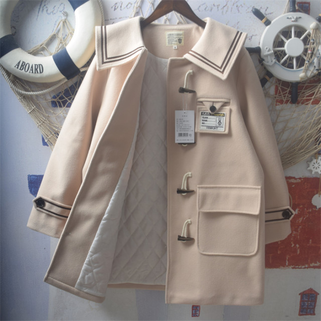 Girls' quilted thickened navy collar woolen coat