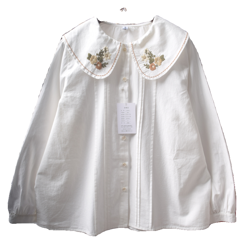 法式甜美重工刺绣娃娃领长袖白衬衫女设计感小众独特别致纯棉上衣