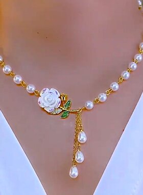 2026年新款金枝玉叶炫彩玫瑰花珍珠项链小众设计感流行颈链显气质