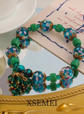 新款中古vintage 古法老琉璃贵气复古蓝色双层设计款项链手链耳钉