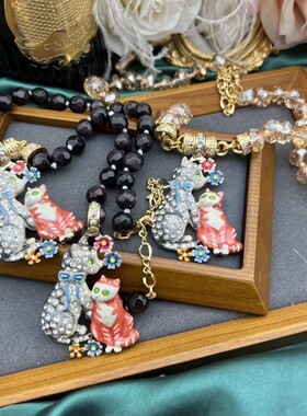 【孤品清仓】中古风KF珐琅镶嵌捷克钻小猫小花复古磁吸项链吊坠