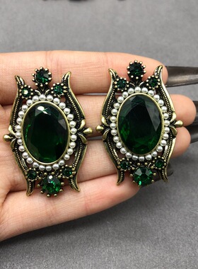 【孤品清仓】中古风祖母绿项链耳环做旧镀真金镂空毛衣链耳钉