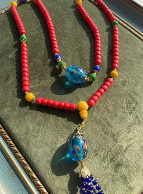 新中式国风斜跨链老琉璃血巴红鸡油黄绿蛙长款毛衣链原jia一千多