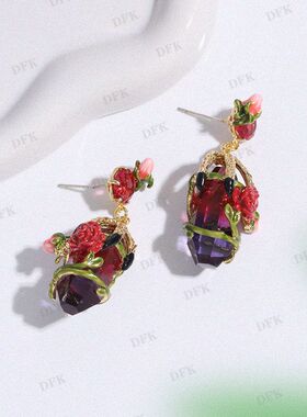 东方花园系列手工珐琅纪念日礼物重工耳饰双色锆石玫瑰花耳钉