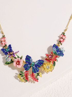 梦幻花园系列重工珐琅蓝色蝴蝶红色花朵项链